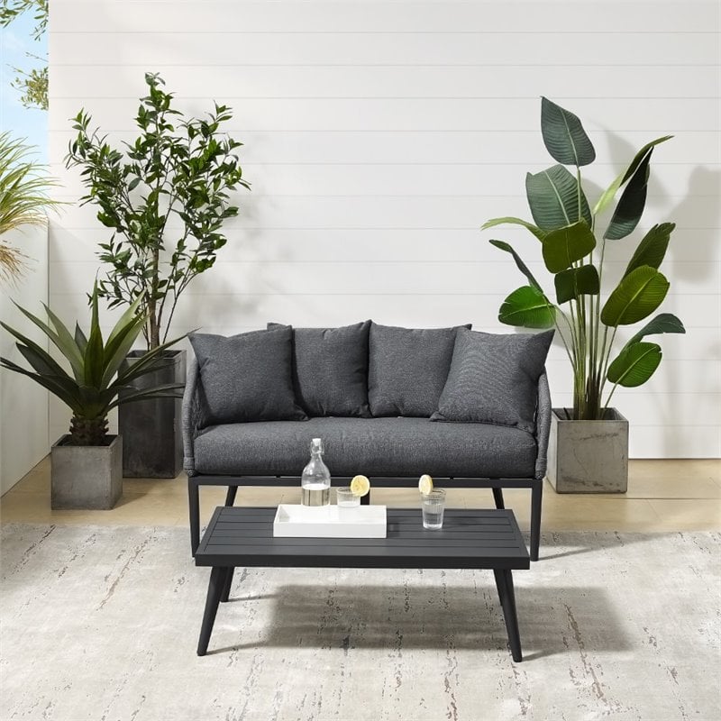 Crosley Furniture Dover 2 Piece Patio Rope Loveseat Set in Charcoal and Black