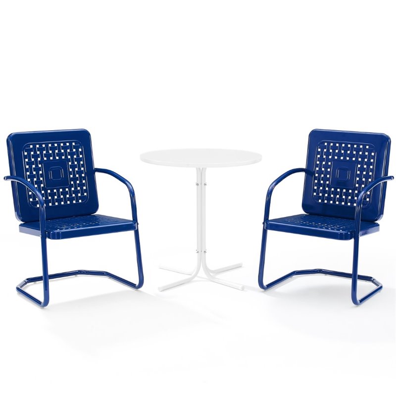 Crosley Furniture Bates 3 Piece Retro Metal Patio Bistro Set in Navy and White