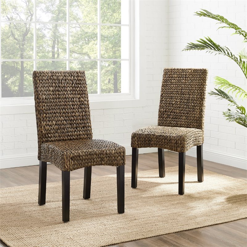 Crosley Furniture Edgewater Wood/Seagrass Dining Chair in Black/Brown (Set of 2)