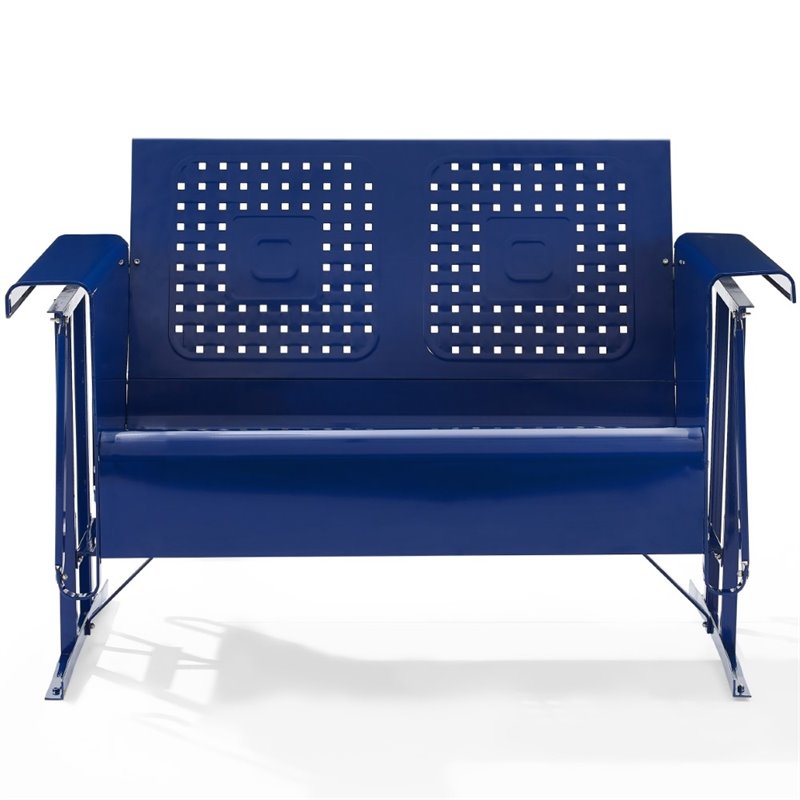 Crosley Furniture Bates Retro Metal Patio Loveseat Glider in Glossy Navy