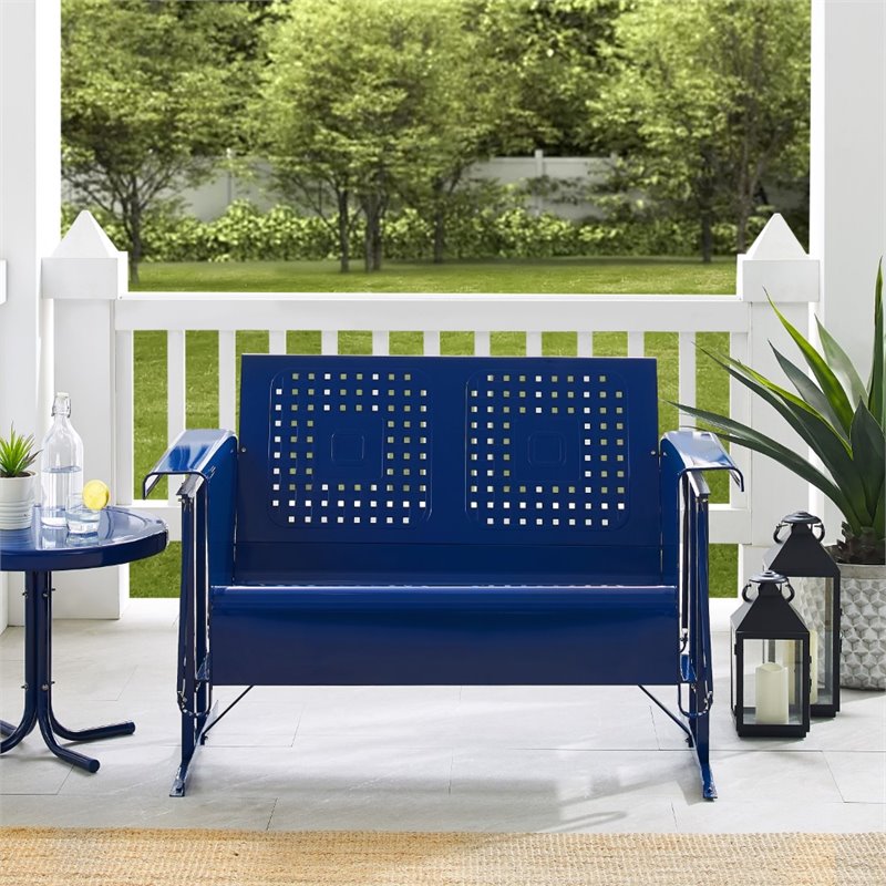 Crosley Furniture Bates Retro Metal Patio Loveseat Glider in Glossy Navy