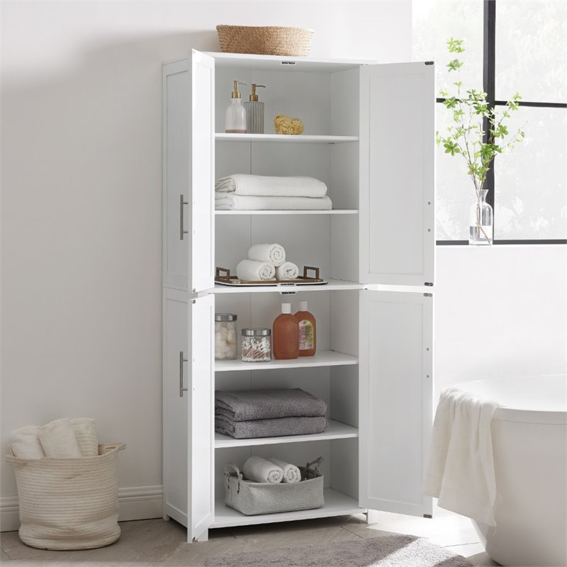 Crosley Furniture Savannah Transitional Tall Wood Shaker Pantry in White/Nickel