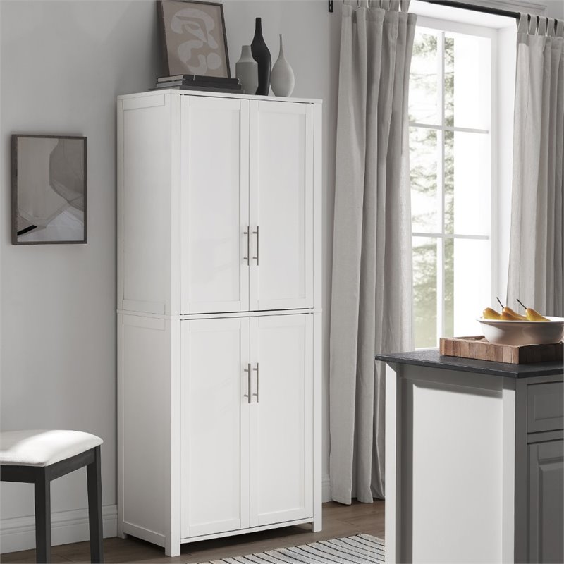 Crosley Furniture Savannah Transitional Tall Wood Shaker Pantry in White/Nickel