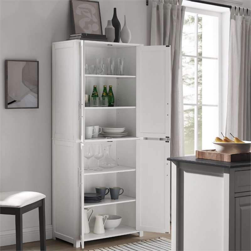 Crosley Furniture Savannah Transitional Tall Wood Shaker Pantry in White/Nickel