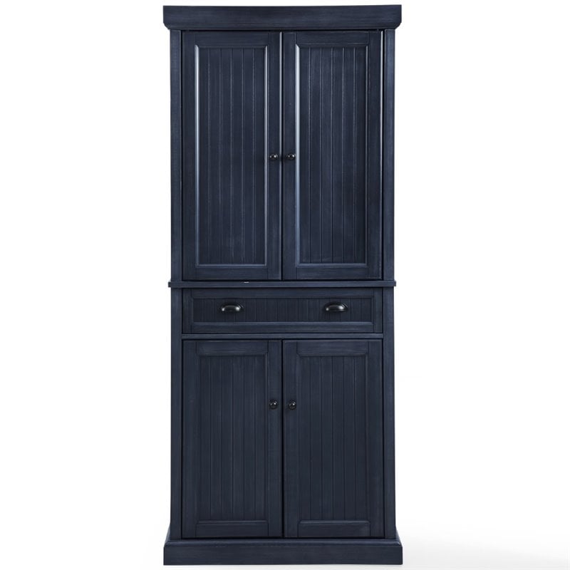 Crosley Furniture Seaside Coastal Wood/Metal Pantry in Distressed Navy and Black