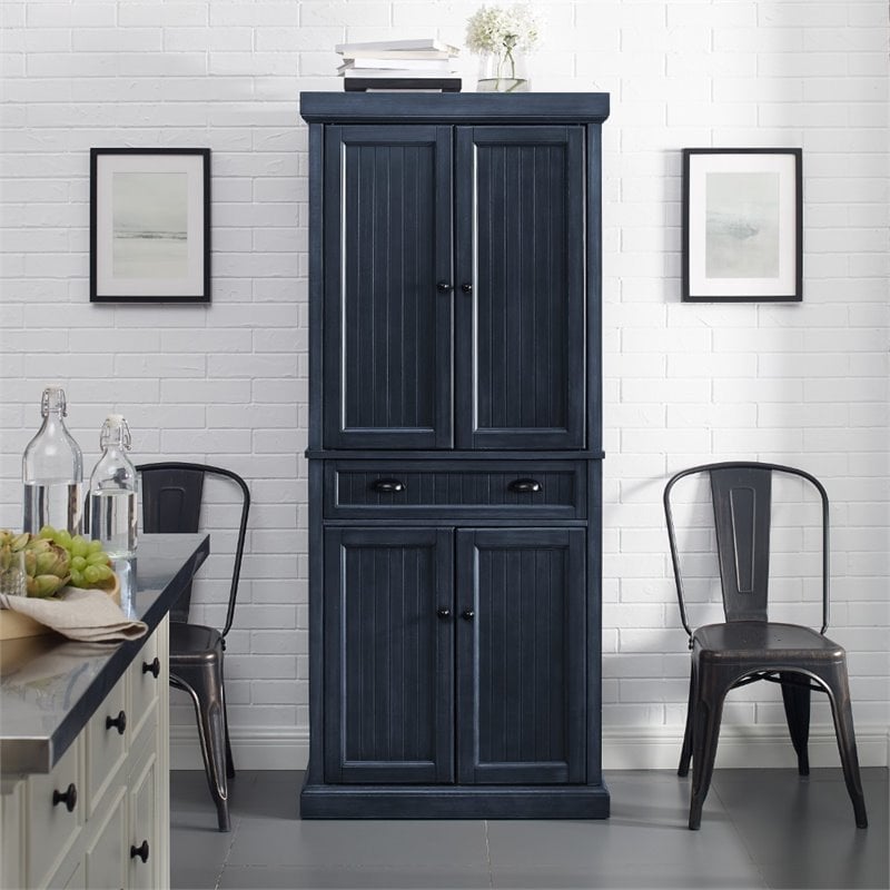 Crosley Furniture Seaside Coastal Wood/Metal Pantry in Distressed Navy and Black