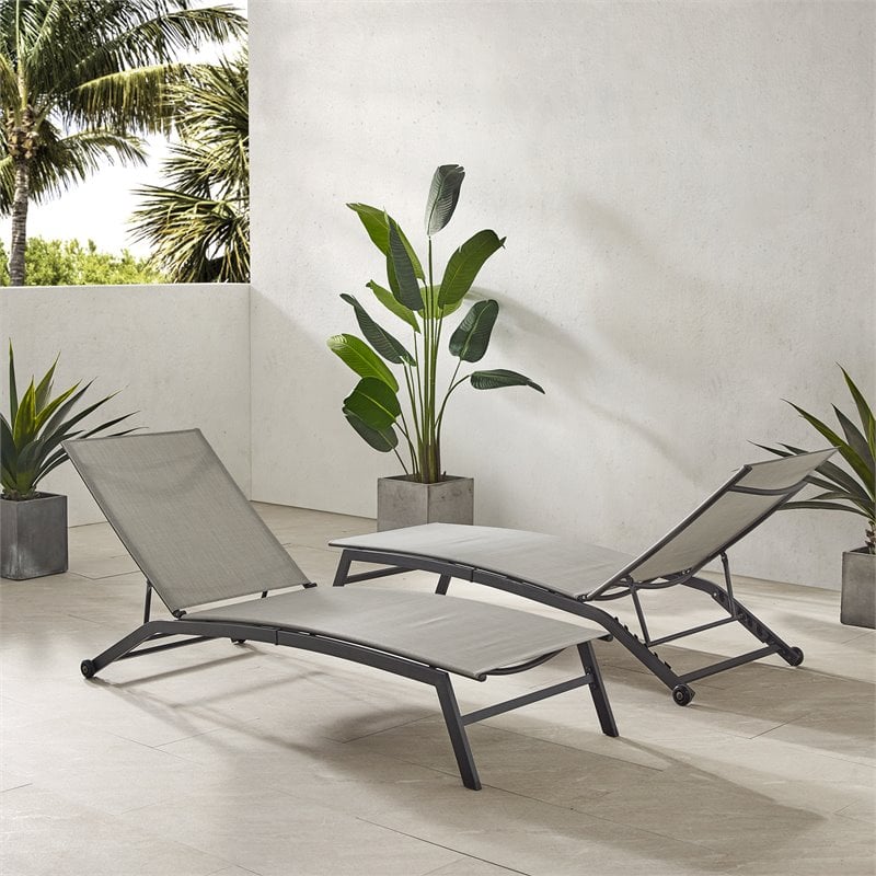 Crosley Furniture Weaver Steel Metal Sling Chaise Lounge in Gray (Set of 2)