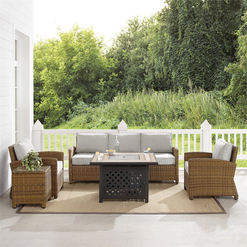 Crosley Furniture Bradenton 5pc Wicker / Rattan Sofa Set & Fire Table in Brown