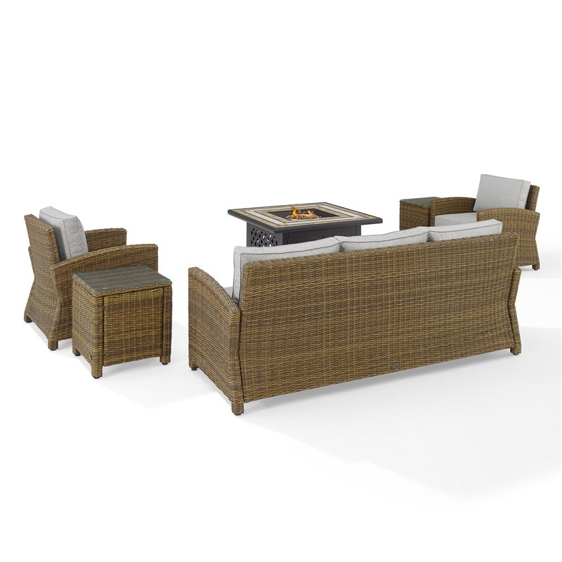 Crosley Furniture Bradenton 5pc Wicker / Rattan Sofa Set & Fire Table in Brown