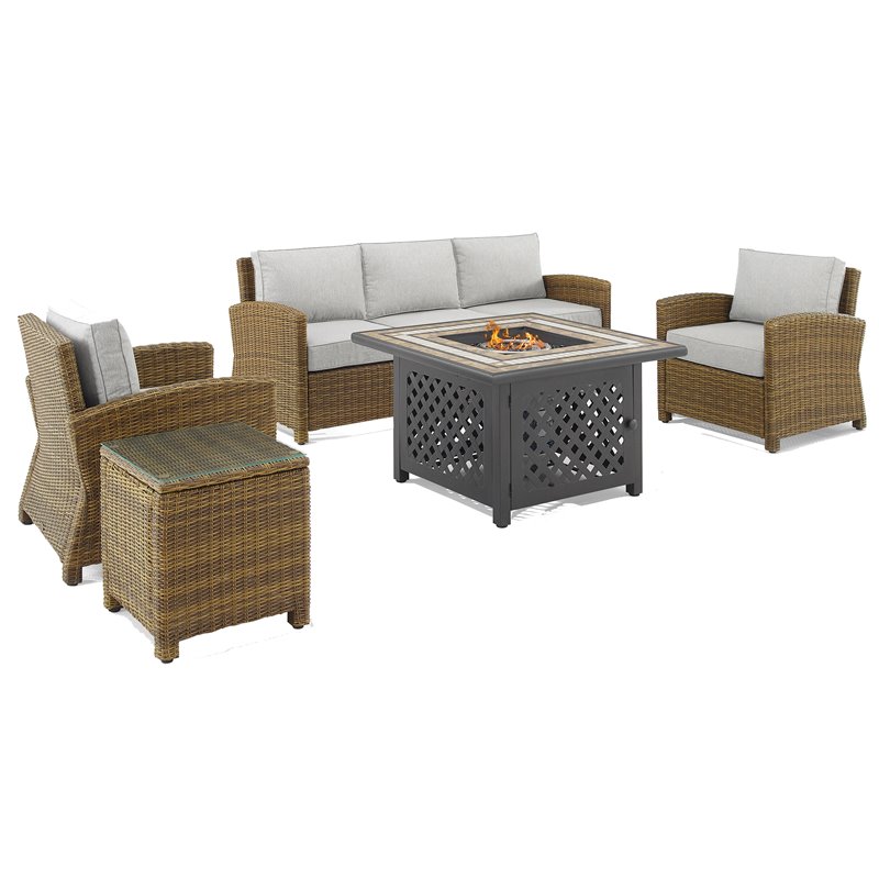 Crosley Furniture Bradenton 5pc Wicker / Rattan Sofa Set & Fire Table in Brown