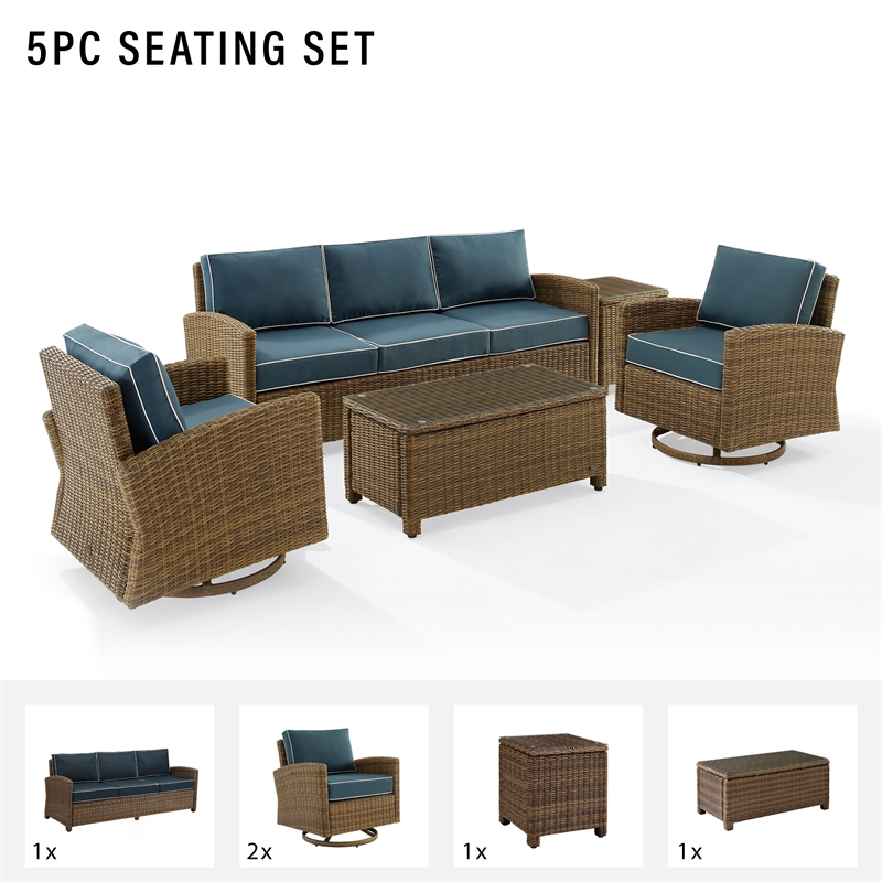 Crosley Furniture Bradenton 5-Piece Fabric Swivel Rocker and Sofa Set in Navy
