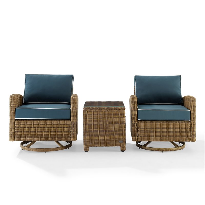 Crosley Furniture Bradenton 3-Pc Fabric Outdoor Swivel Rocker Chair Set in Navy