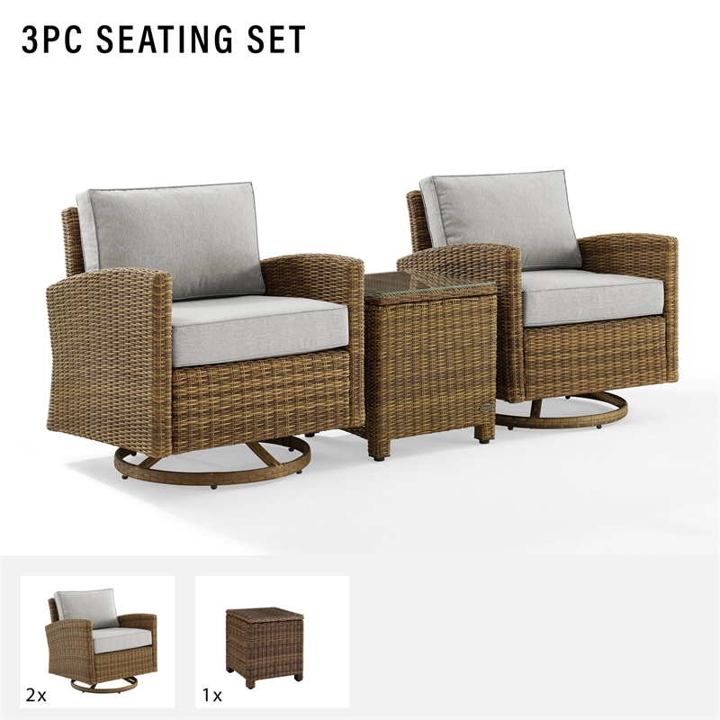 Crosley Furniture Bradenton 3-Pc Fabric Outdoor Swivel Rocker Chair Set in Gray