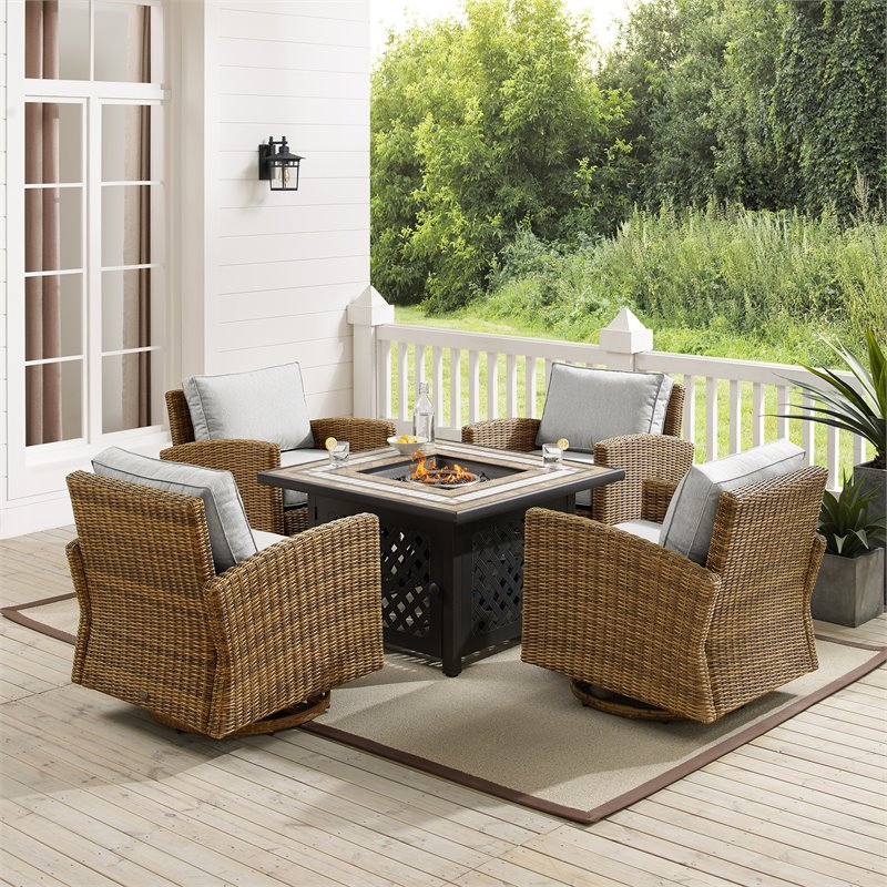 Crosley Furniture Bradenton 5-Pc Fabric Swivel Rocker Conversation Set in Gray