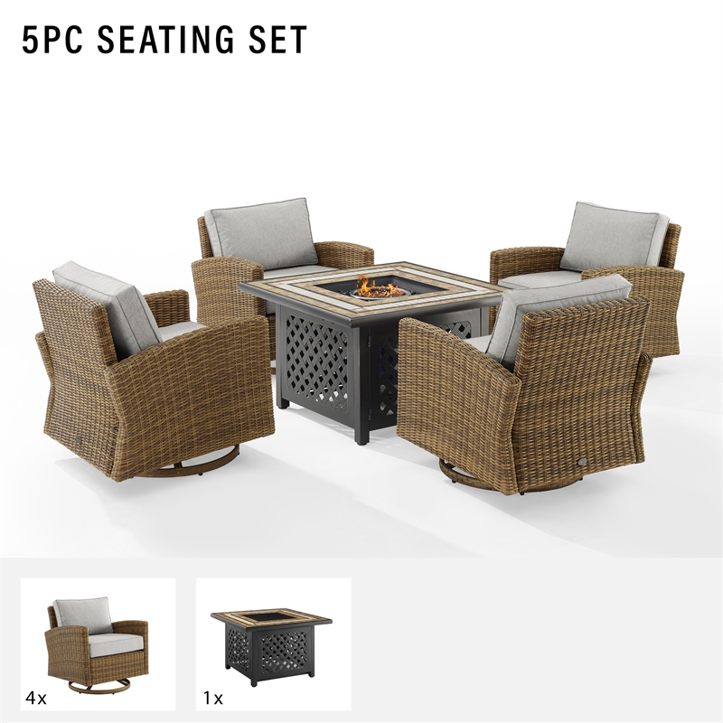 Crosley Furniture Bradenton 5-Pc Fabric Swivel Rocker Conversation Set in Gray