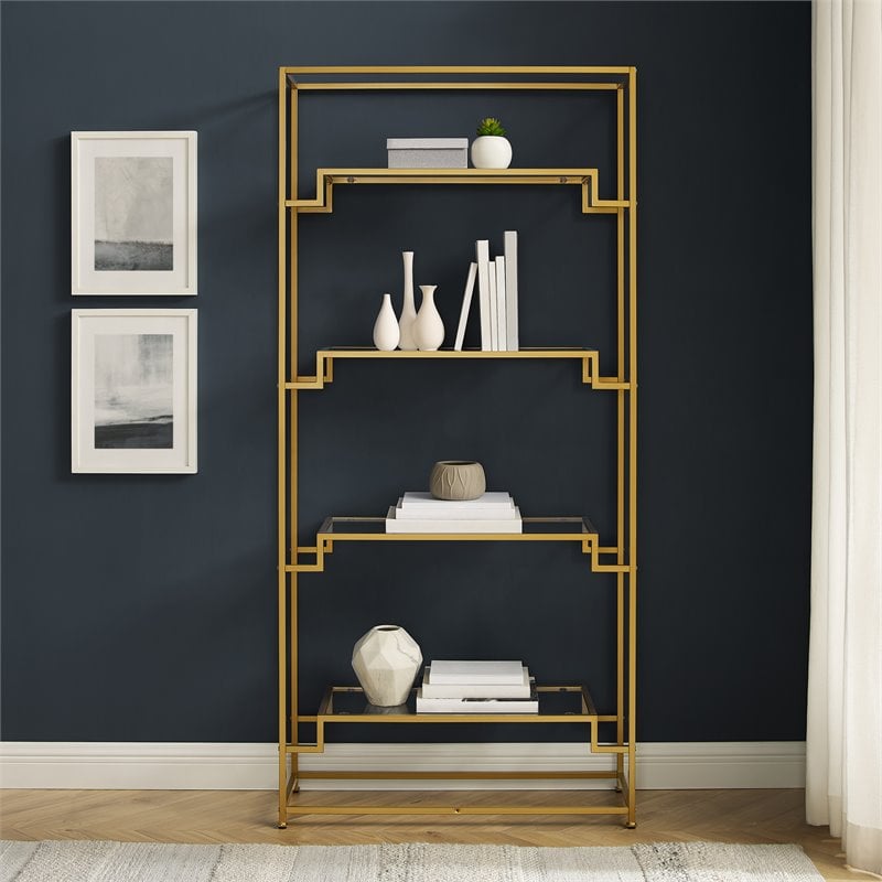 Crosley Furniture Celeste 4-Shelf Modern Glass & Metal Etagere in Gold