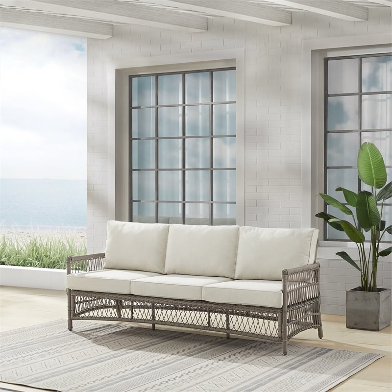 Crosley Furniture Thatcher Modern Fabric Outdoor Wicker Sofa in Cream/Driftwood