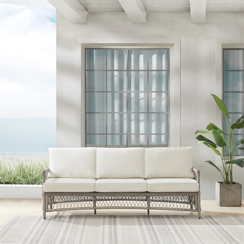 Crosley Furniture Thatcher Modern Fabric Outdoor Wicker Sofa in Cream/Driftwood