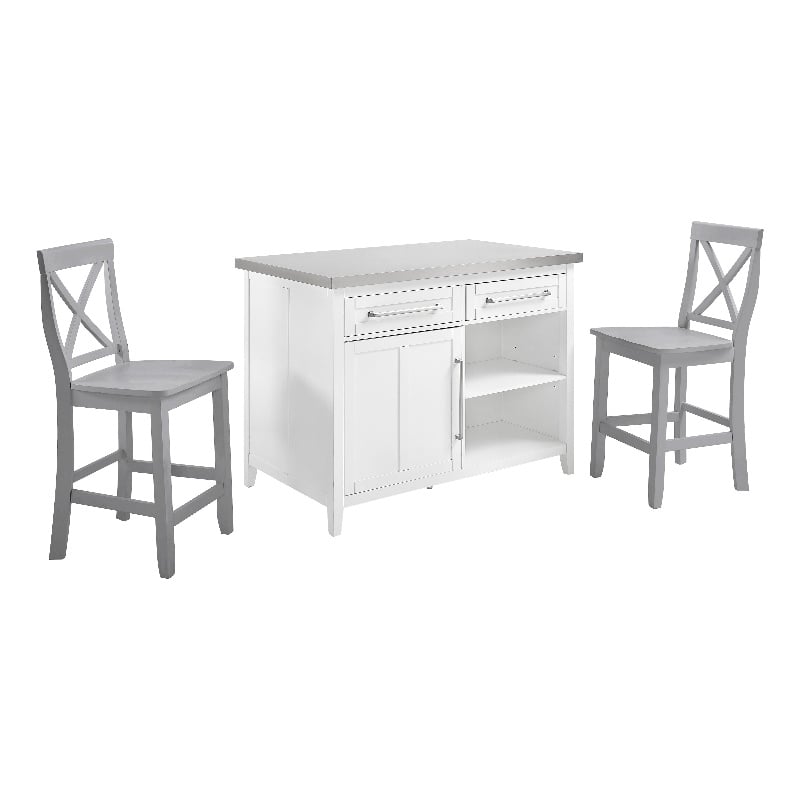 Crosley Furniture Silvia 3-Piece Wood Kitchen Island with X-Back Stools in White