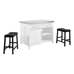 Crosley Furniture Silvia 3-Piece Wood Kitchen Island with Saddle Stools in White