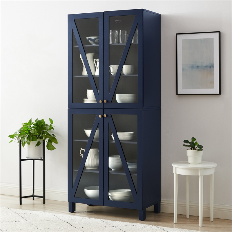 Crosley Furniture Cassai MDF Wood and Tempered Glass Tall Storage Pantry in Navy