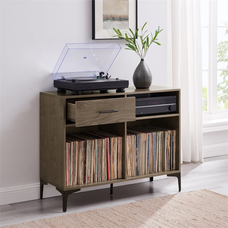 Crosley Furniture Sydney Modern MDF Wood Record Storage Media Console in Walnut