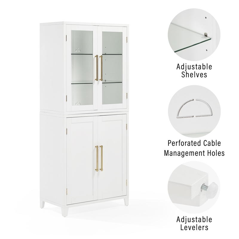 Crosley Furniture Roarke Wood Pantry Storage Cabinet w/ Glass Door Hutch - White