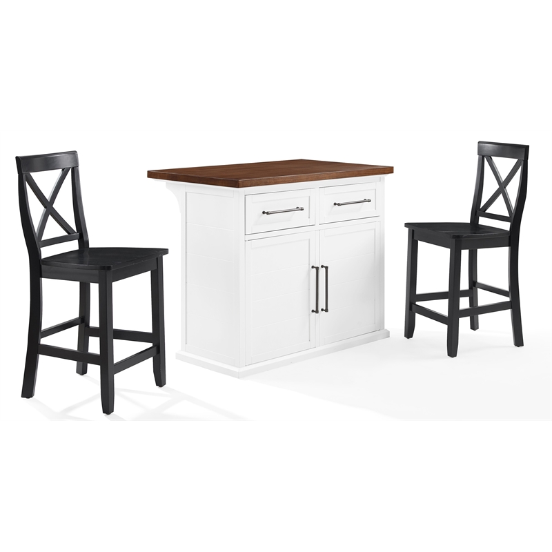 Crosley Furniture Bartlett 3-Piece Wood Kitchen Island w/ X-Back Stools in White