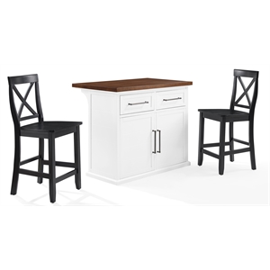 Crosley Furniture Bartlett 3-Piece Wood Kitchen Island w/ X-Back Stools in White