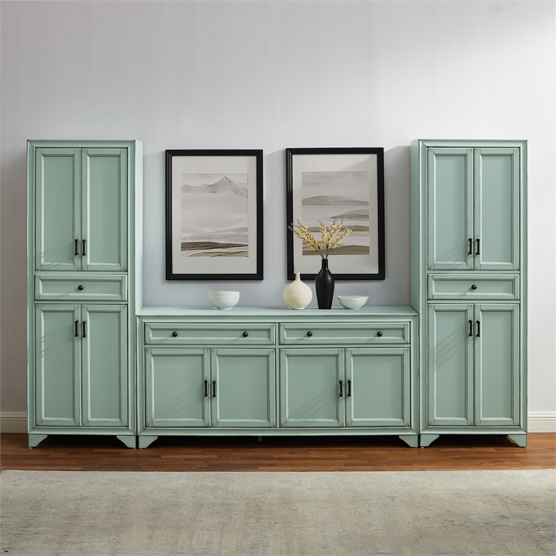Crosley Furniture Tara 3Pc Sideboard And Pantry Set in Distressed Seafoam Blue