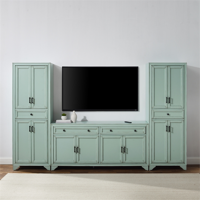 Crosley Furniture Tara 3Pc Sideboard And Pantry Set in Distressed Seafoam Blue
