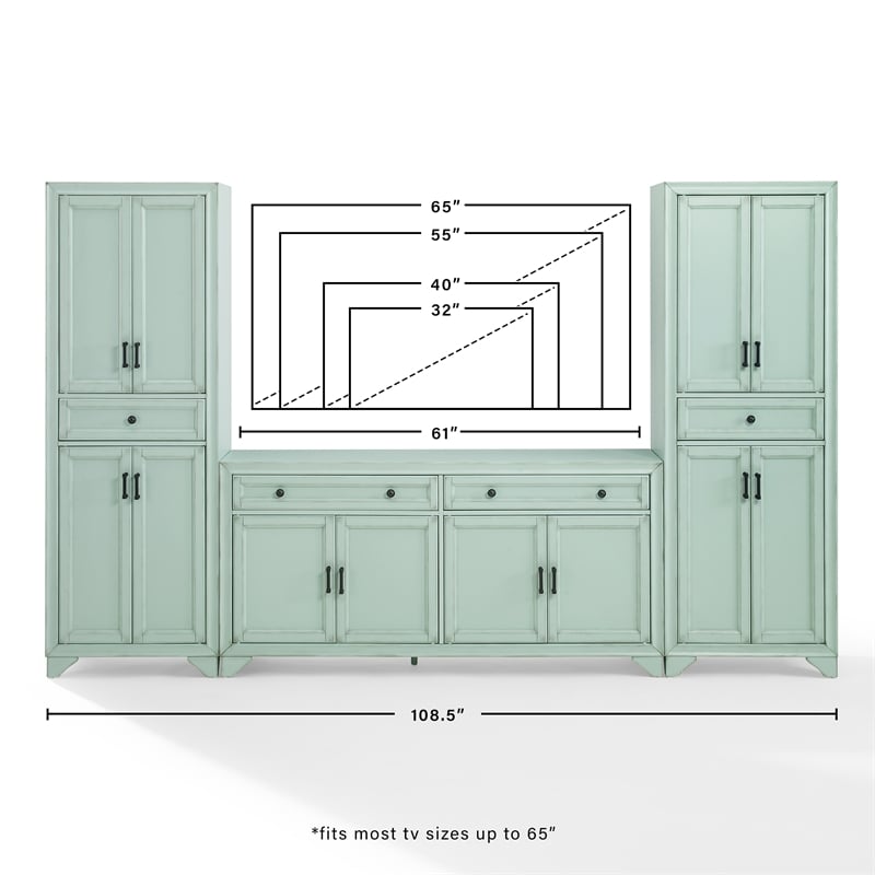 Crosley Furniture Tara 3-Piece Entertainment Center in Distressed Seafoam Blue