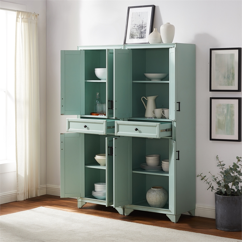 Crosley Furniture Tara 2Pc Kitchen Storage Pantry Set in Distressed Seafoam Blue