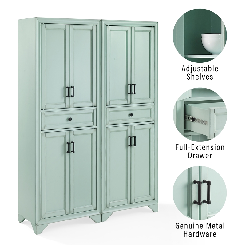 Crosley Furniture Tara 2Pc Kitchen Storage Pantry Set in Distressed Seafoam Blue