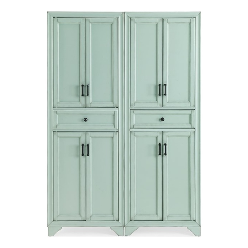 Crosley Furniture Tara 2Pc Kitchen Storage Pantry Set in Distressed Seafoam Blue