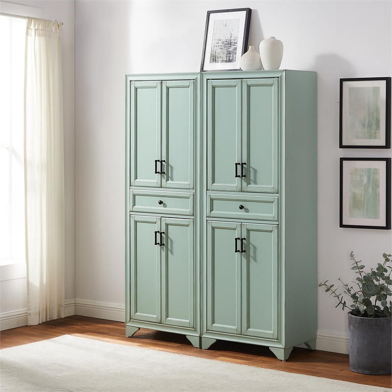 Crosley Furniture Tara 2Pc Kitchen Storage Pantry Set in Distressed Seafoam Blue