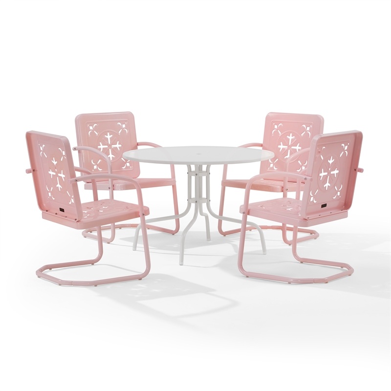 Crosley Furniture Azalea 5Pc Round Retro Outdoor Dining Set in Pink Gloss/White