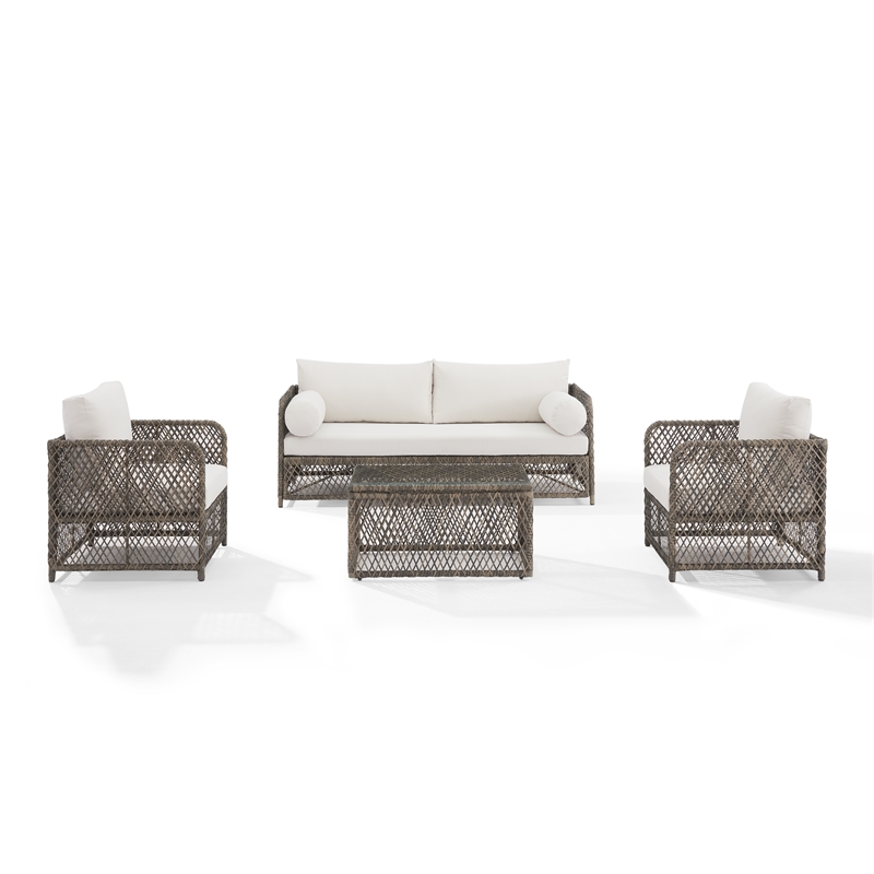 Crosley Furniture Granite Bay 4Pc Wicker Outdoor Sofa Furniture Set Creme/Stone