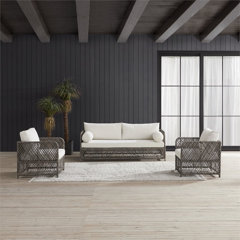Crosley Furniture Granite Bay 3Pc Wicker Outdoor Sofa Furniture Set Creme/Stone