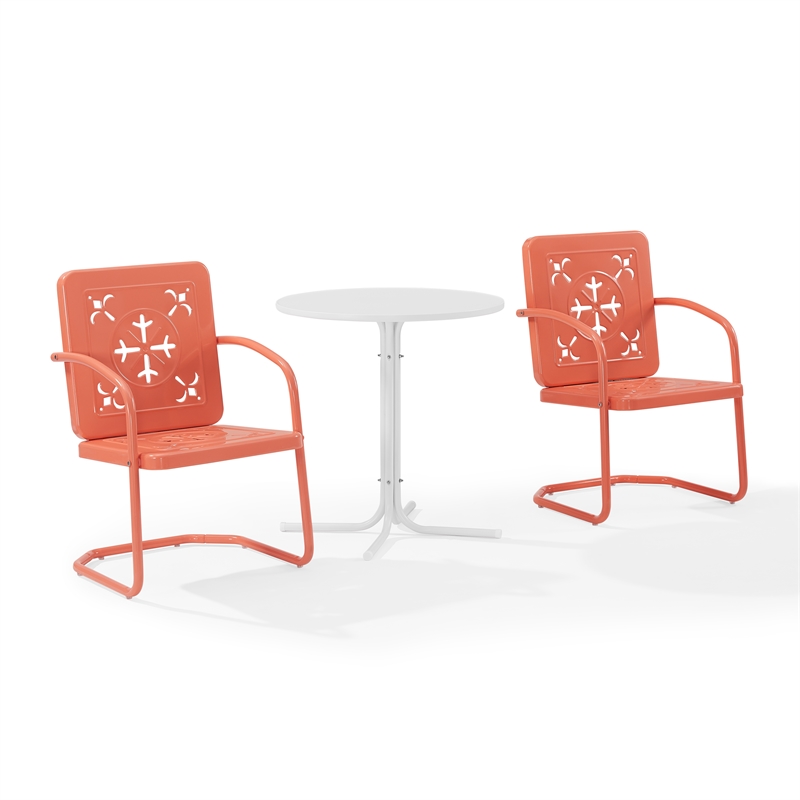 Crosley Furniture Azalea 3Pc Retro Outdoor Bistro Set in Coral Gloss/White Satin