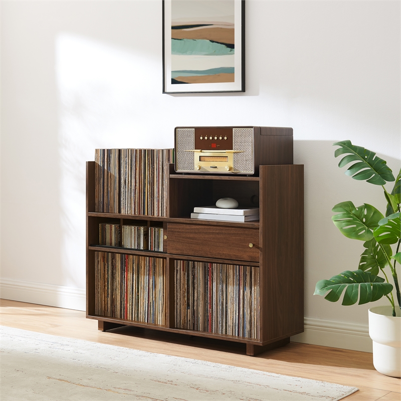 Crosley Dylan Record Player Cabinet With Vinyl And CD Storage in Walnut