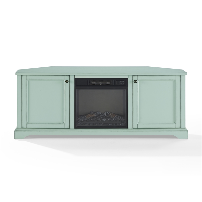 Crosley Holbrook Corner Fireplace TV Stand in Distressed Seafoam Blue
