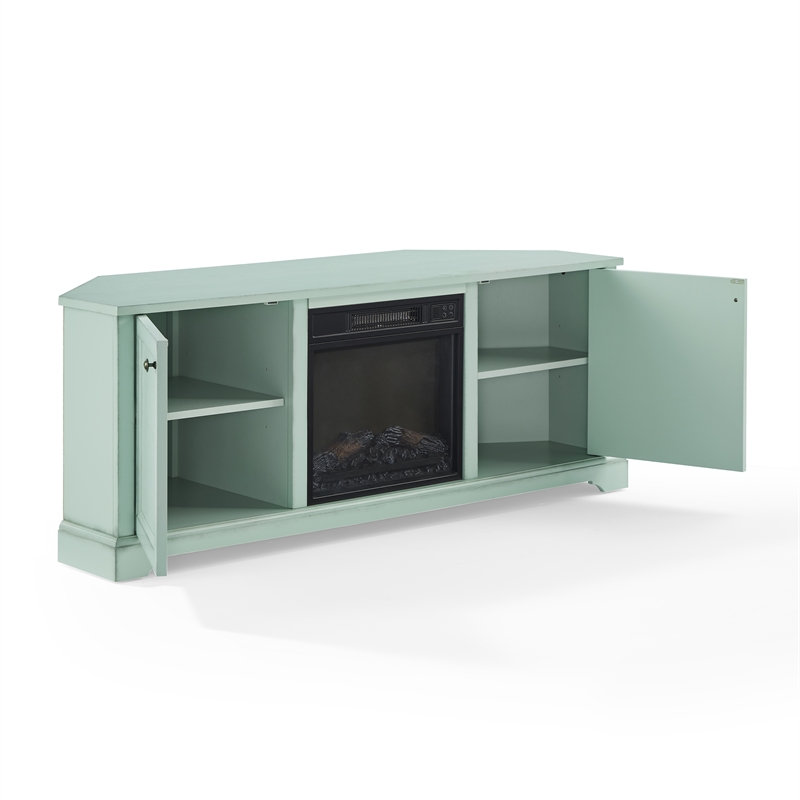 Crosley Holbrook Corner Fireplace TV Stand in Distressed Seafoam Blue