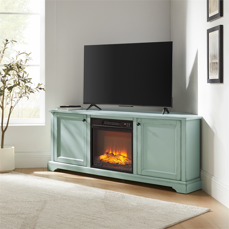 Crosley Holbrook Corner Fireplace TV Stand in Distressed Seafoam Blue