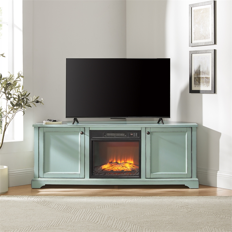 Crosley Holbrook Corner Fireplace TV Stand in Distressed Seafoam Blue