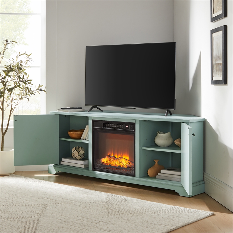 Crosley Holbrook Corner Fireplace TV Stand in Distressed Seafoam Blue