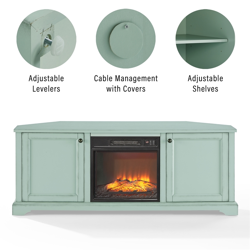 Crosley Holbrook Corner Fireplace TV Stand in Distressed Seafoam Blue