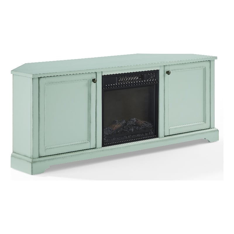 Crosley Holbrook Corner Fireplace TV Stand in Distressed Seafoam Blue