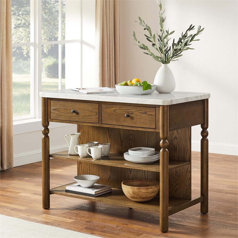 Crosley Roselyn Faux Marble Top Kitchen Island in Brown and White Marble