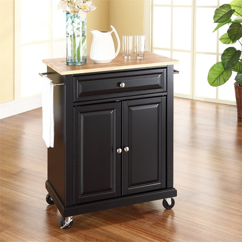 Crosley Furniture Natural Wood Top Portable Kitchen Cart in Black